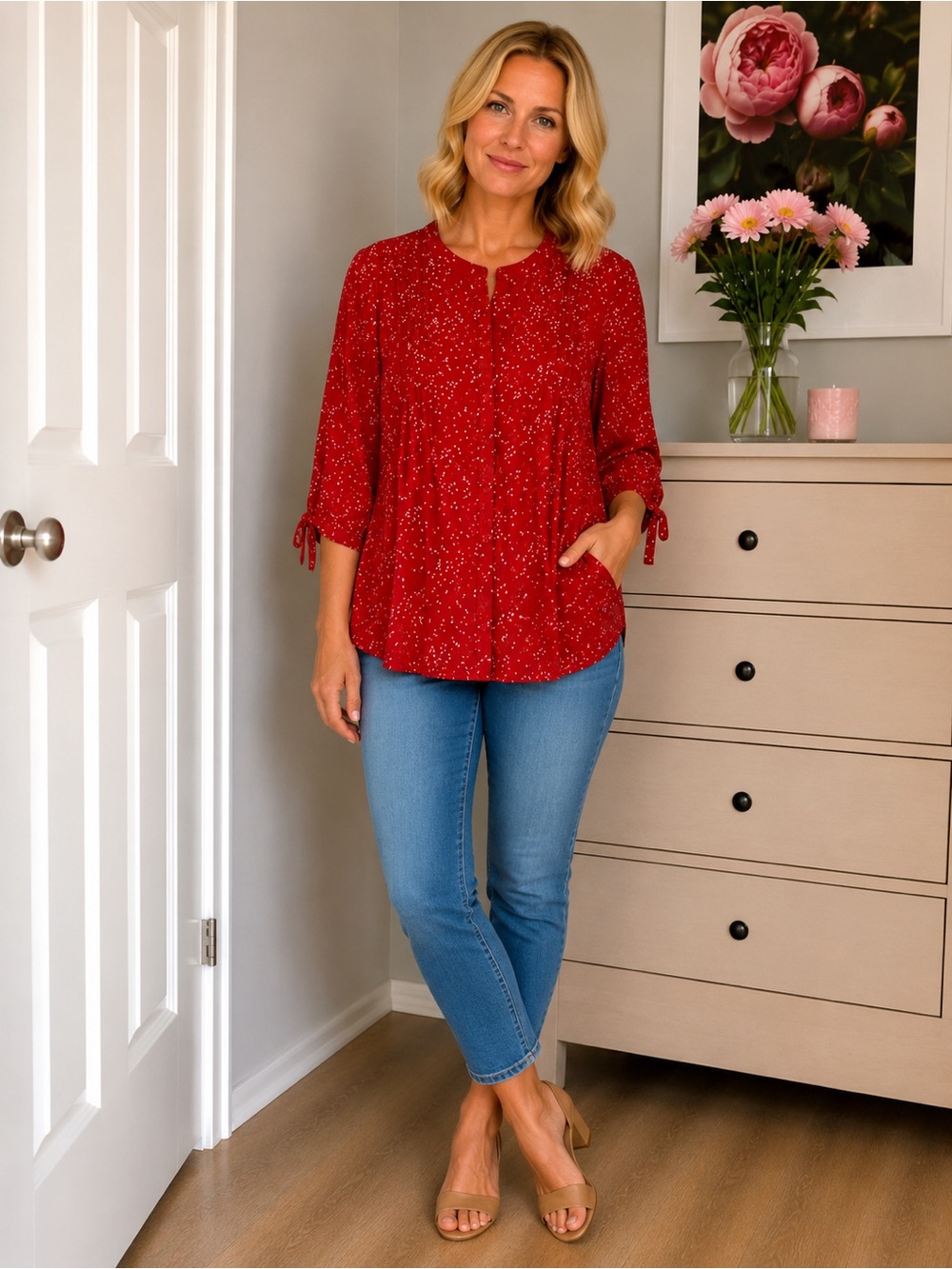 Fun2Fun Red Printed Tie Sleeve Blouse Top Size Small Boho Casual Work Office